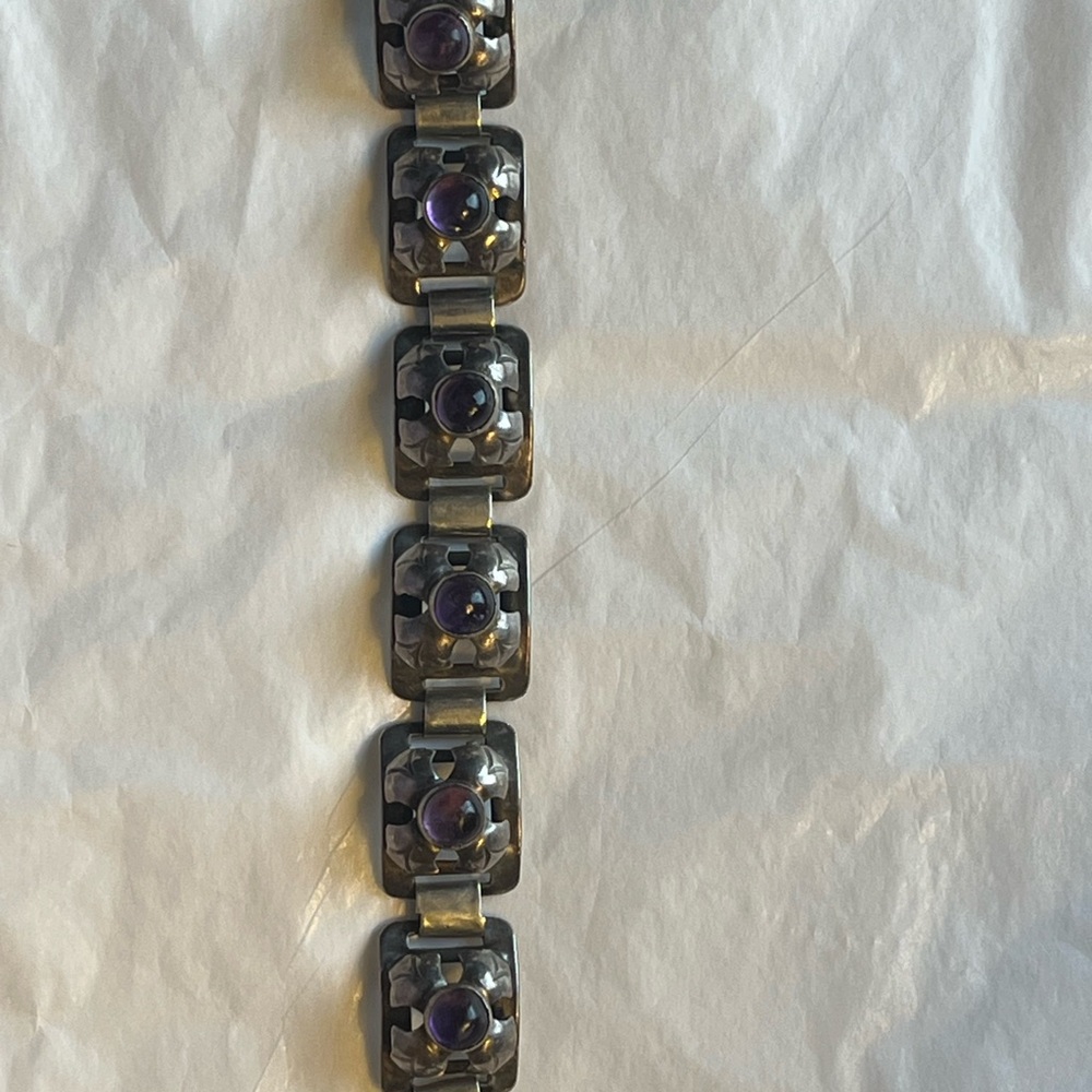 Vintage Mexican silver amethyst like dot mentalistic panel link 7 inch bracelet